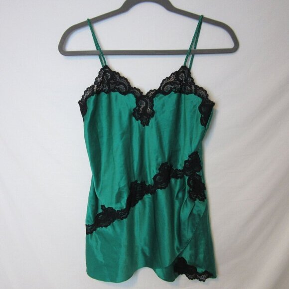 Vintage Victoria Secret Gold Label Green Slip Dress Black Lace Womens Medium - Picture 1 of 6